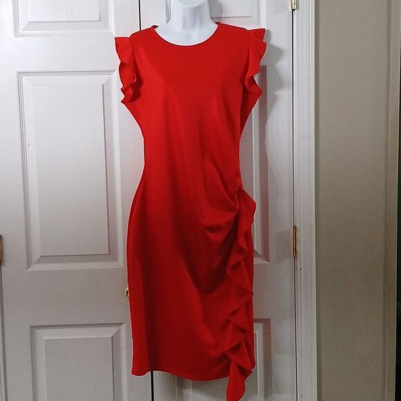 Holiday red ruffle side cinched holiday Christmas party  dress  Sz XL NWOT - Picture 1 of 10